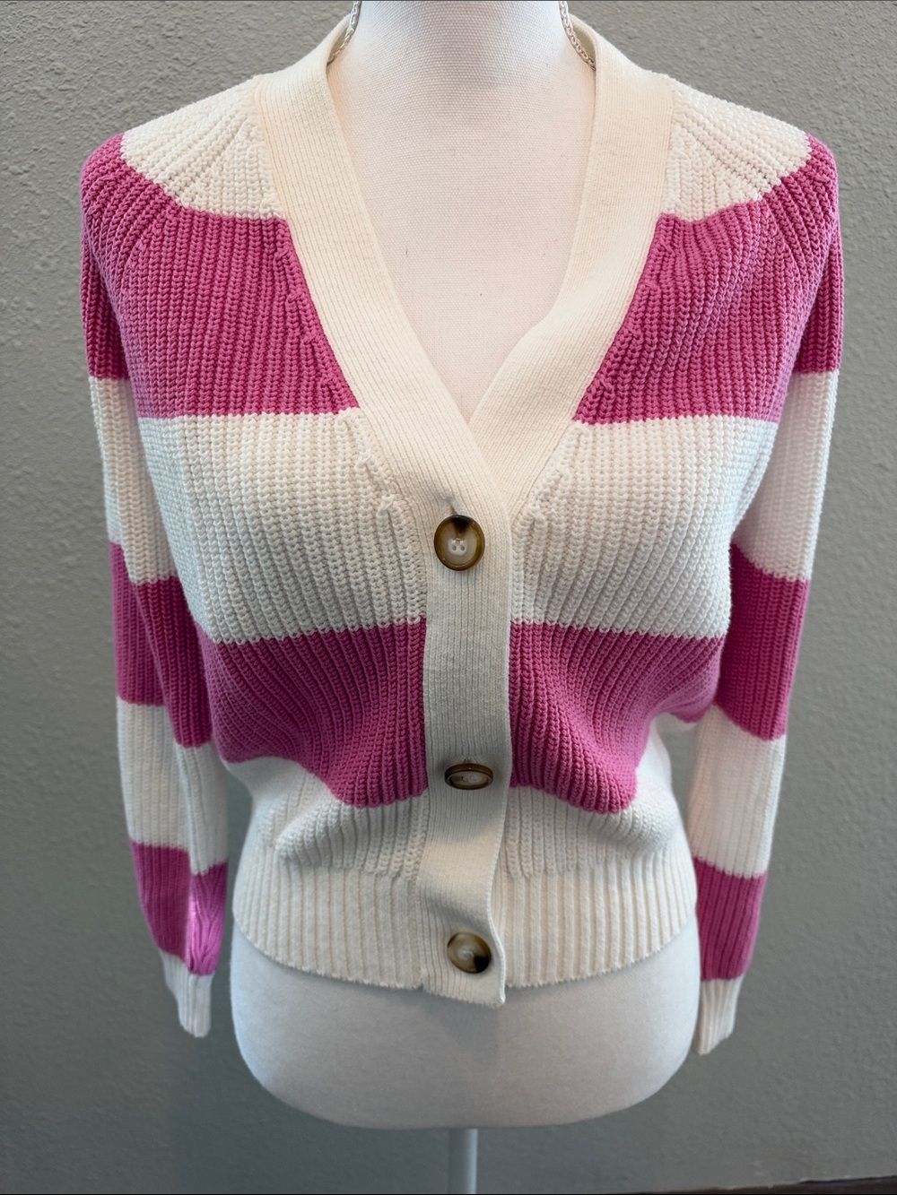Pink & Cream Striped Button-Front Women's Cardigan